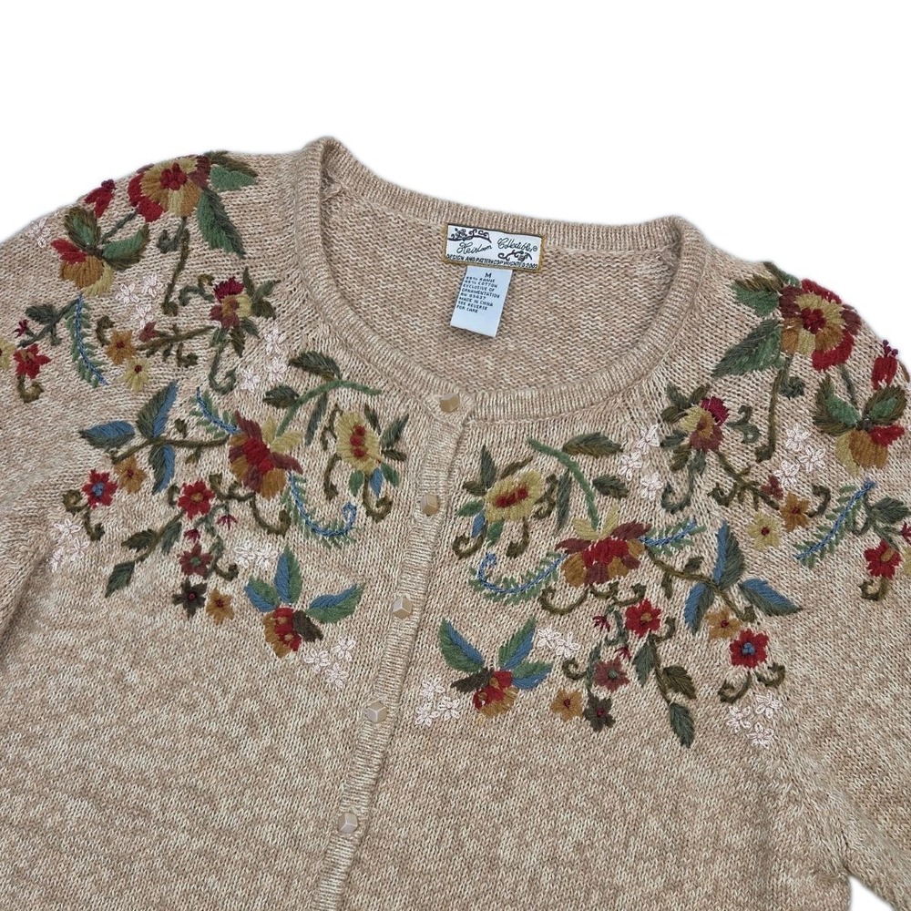 Vintage 2002 Heirloom Collectibles Floral Embroidery Knit Cardigan Sweater Sz M